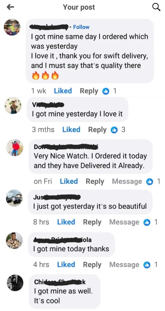 Facebook comments from customers who received their Poedagar watch