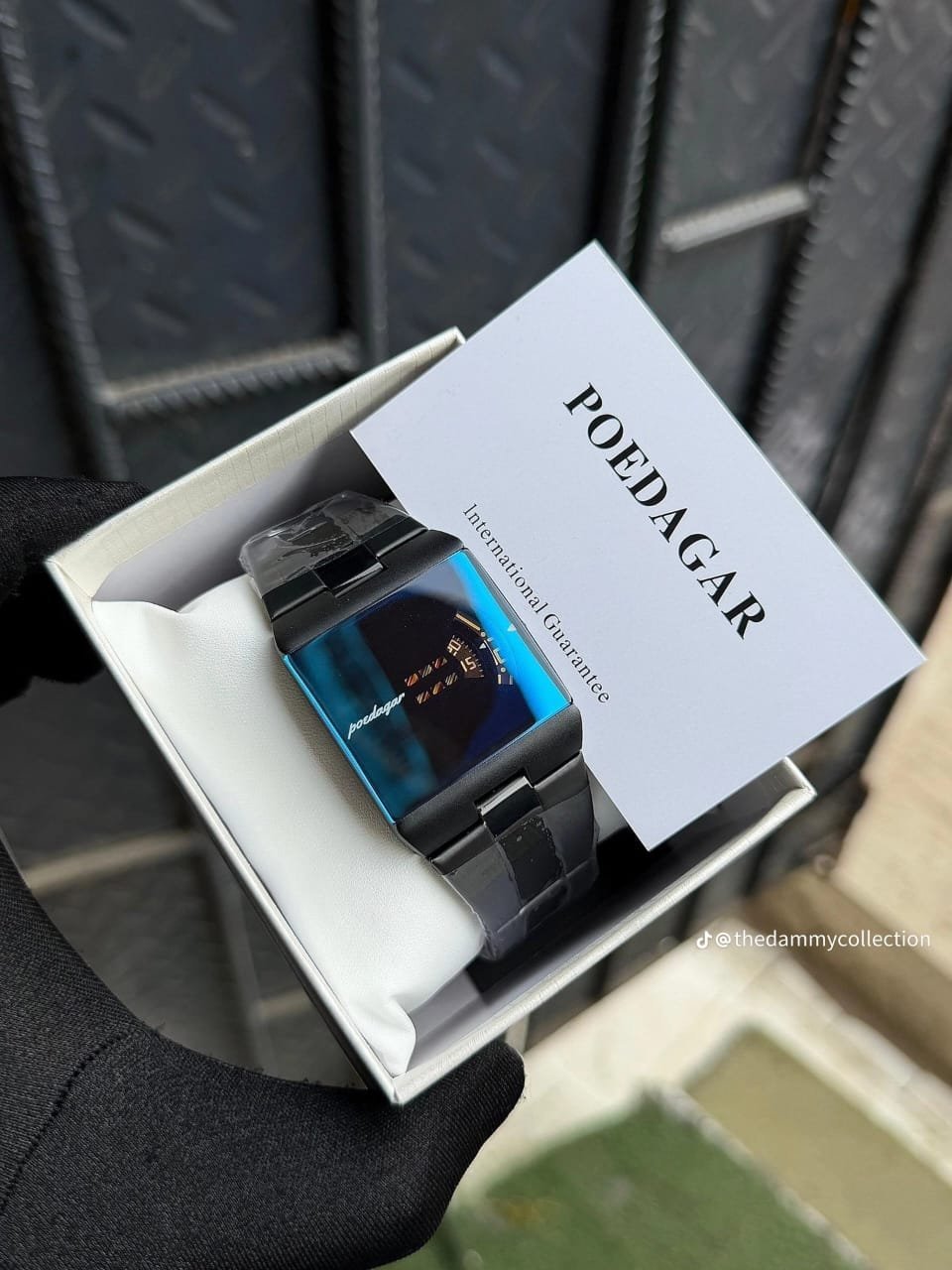 Poedagar square watch, black chain with blue face, in gift box
